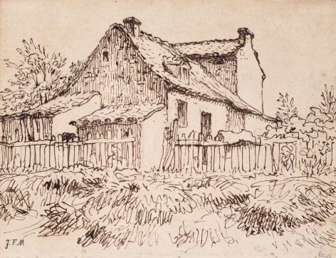 Cottage    Pen and ink on paper with pencil  6 1/8 x 7 15/16 inches