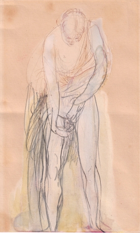 Study of a Standing Woman, Partially Nude, seen from the front, c. 1896 (Etude de femme demi-nue debout et de face)  Graphite, pen and ink, brush and gouache on wove paper 7 x 4 1/2 in.