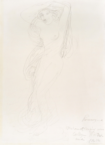 Auguste Rodin, Female Nude with Arms Raised Posed on a Pedestal, c. 1900, Graphite on wove paper 12 5/8 x 8 1/4 inches