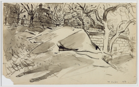 Wolf Kahn, Riverside Drive Park, 1950    Pen and ink with ink wash 5 1/4 x 8 1/2 inches
