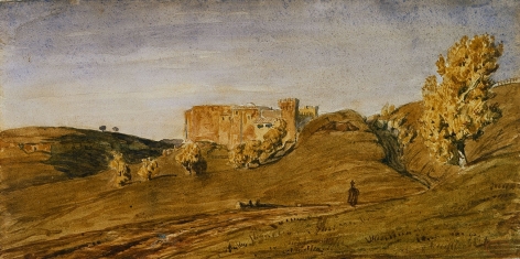 Paul Huet, Provincial Landscape (Campagne de Rome), Watercolor on paper 5 1/2 x 11 inches