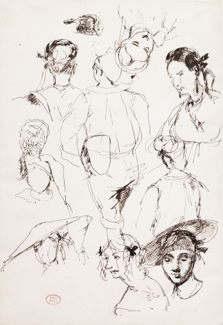 Paul Huet, Portrait Studies, Brown ink on paper 11 5/8 x 8 inches