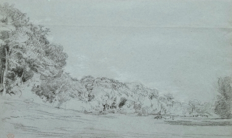 Paul Huet, Vaches en lisière de foret, Charcoal heightened with white chalk on blue paper 11 3/16 x 18 1/2 inches