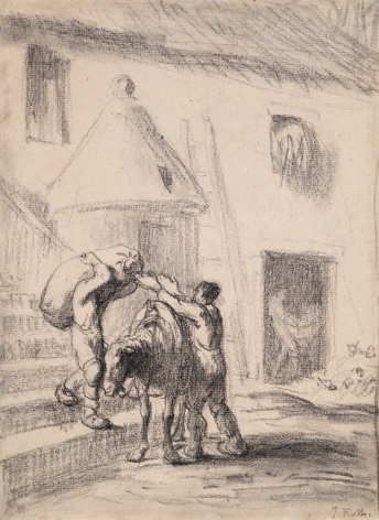 Meunier chargeant un sac de blé sur son cheval    Black chalk on paper  8 15/16 x 6 5/8 inches