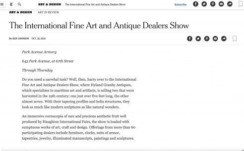 Mention in the New York Times: The International Fine Art and Antique Dealers Show, October 2010